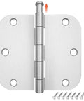 Heavy Duty 3.5 Inch Door Hinges Brushed Nickel With Five Eighths Radius, 3.5 x 3.5 Inch Interior Door Hardware, Six Hole Mount, Silver Finish