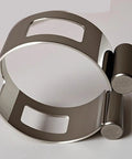 Beefy 2 Inch Stainless Steel Exhaust Clamp On Welding Kit For Heavy Duty Automotive Exhaust Fabrication And Professional Tack Welding Corrosion Resistant Tool With Precise Pipe Alignment And Secure Slippage Free Fit, showing side angle of stainless steel clamp.