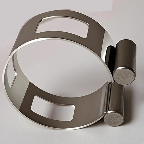 Beefy 2 Inch Stainless Steel Exhaust Clamp On Welding Kit For Heavy Duty Automotive Exhaust Fabrication And Professional Tack Welding Corrosion Resistant Tool With Precise Pipe Alignment And Secure Slippage Free Fit, showing side angle of stainless steel clamp.