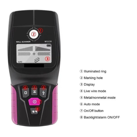 Heavy Duty Handheld Wall Scanner And Digital Stud Finder Badass Accuracy Metal Wood Pipe Cable Wire Locator With Crisp Lcd Display, clear display with controls.