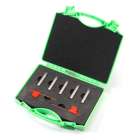 Pro Grade Mini Indexable Lathe Turning Tool Set Featuring One Quarter Inch Shank Nickel Plated Steel Holders shown in green case.