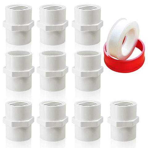Ten Pack White PVC Pipe Fittings Three Quarter Inch NPT Female Thread Adapter Socket To Female PVC Schedule 40 Couplings DIY Friendly