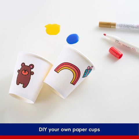 300 Pack Disposable Coffee Cups, 10 Oz White Hot Beverage Cups featuring DIY designs with bear and rainbow decorations.