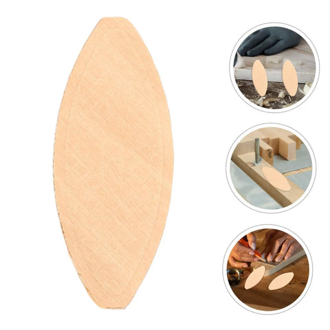 Close-up of a wood joiner biscuit with images of usage in woodworking for 100 Pcs Wood Joiner Biscuits for Precision Woodworking and Furniture Assembly Plate Joiner for Strong Durable Joints Easy Alignment Ideal for Cabinet Making DIY Projects and Professional Grade Biscuit Connectors