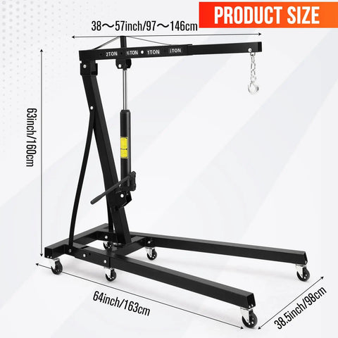 Tough Folding Engine Hoist And Hydraulic Cherry Picker Shop Crane 4400 Pound Lifting Capacity with adjustable dimensions and casters.