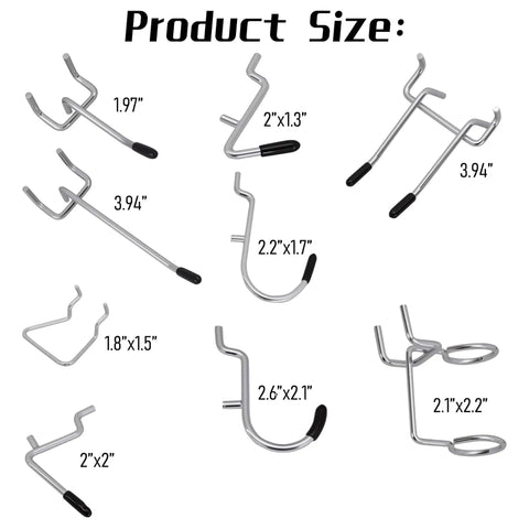 Various shapes and sizes of hooks in the 50-Piece Pegboard Hook Set for Heavy-Duty Tool Hangers, Chrome Plated Metal Hooks for Garage.