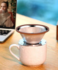Stainless Steel Pour Over Coffee Dripper Cone 1 To 3 Cup on ceramic mug, reusable metal filter, barista quality brew accessory