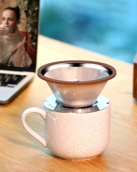 Stainless Steel Pour Over Coffee Dripper Cone 1 To 3 Cup on ceramic mug, reusable metal filter, barista quality brew accessory