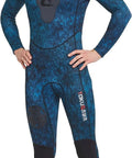 Man wearing Tokugawa 3mm Wetsuit For Spearfishing And Freediving With Blue Camouflage Nylon One Piece, Size XL, front view.