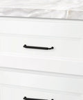Hollywood Hills 4486 Cabinet Pull 6 Inch Center To Center Solid Brass Hardware installed on kitchen drawer in white finish