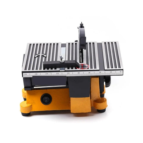 Slick Mini Electric Table Saw With Four Inch Blade And Sixty Watt Motor Rock Solid Benchtop Circular Station showing top view with measurement scale.