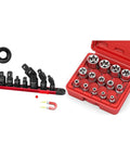 Ultimate 21 Piece Female E Torx Star Socket Set With Universal Joint Adapter Kit For Impact Drivers Including Full Range E4 To E24 Sockets And Magnetic Guide Rail Swivel Adapters In Durable Blow Molded Case, red case