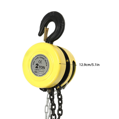 4400 Lb Capacity Chain Hoist With 2 Ton Manual Hand Chain Block, yellow casing, heavy-duty hook, alloy steel, G80 chain, 10 ft lift