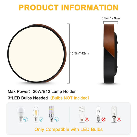 Product dimensions and bulb types for Slick Modern Black Wood Look Flush Mount Ceiling Light 3 Light Fixture Round Ceiling Light.