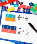 Plastic Rainbow Fraction Tiles Set of 51 for Fraction Mastery on whiteboard with equations, Montessori math tools