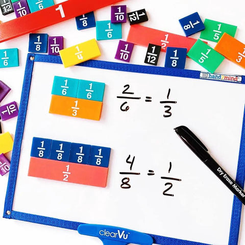 Plastic Rainbow Fraction Tiles Set of 51 for Fraction Mastery on whiteboard with equations, Montessori math tools