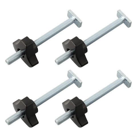 Four Pack M8 T Slot Bolts And Knobs Clamps With Plastic Handles For Woodworking Jigs Fixtures, Heavy Duty Workbench T Track Accessories Kit In Silver Black To Lock Your Project Down Smooth. 4 M8 bolts with black plastic knobs