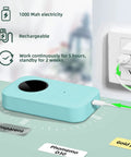 Top Tier Bluetooth Label Maker Prints Crisp Adhesive Text Instantly, shown charging with micro USB, compact blue design.