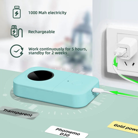 Top Tier Bluetooth Label Maker Prints Crisp Adhesive Text Instantly, shown charging with micro USB, compact blue design.