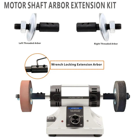8mm Motor Arbor Adapter And Shaft Extender Kit showing threaded attachments with bench grinder setup