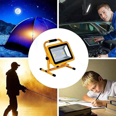 Spot Lighting Led Floodlight 100W 10000Lm Led Work Light Rechargeable providing illumination for camping, outdoor activities, and repairs.