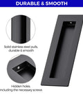 Two Pack Pocket Door Handles 5.9 Inch Rectangular Recessed Pulls For Sliding Closet And Barn Doors Black Flush Finger Pulls Stainless Steel 304 Solid Metal Durable Hardware With Smooth Operation, showcasing close-up of black handle design and hidden screws.