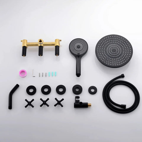 Matte Black High Pressure Shower System With 9 Inch Round Shower Head And 3 Handle Wall Mounted Faucet, Rough-In Valve Included