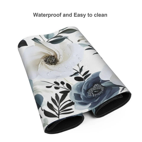 XXL Extended Desk Mouse Pad 35.4 x 15.7 Inches Navy Blue Boho Peony Florals Waterproof 3mm Thick Keyboard And Mouse Mat rolled-up view