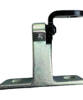 Automotive rear upper-left door hinge bracket, zinc-coated metal with black curved lever.