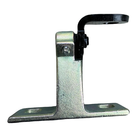 Automotive rear upper-left door hinge bracket, zinc-coated metal with black curved lever.