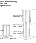 Automatic Electric Table Lift For RV Dinette With Folding Legs And Wireless Remote Control showing aluminum columns and dimensions.