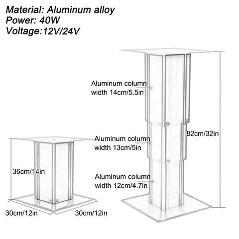 Automatic Electric Table Lift For RV Dinette With Folding Legs And Wireless Remote Control showing aluminum columns and dimensions.