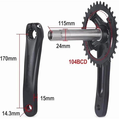 Hollow Integrated MTB Crankset 104 BCD 170mm Round Cranks 32 34 36T For Mountain Bikes Uncoated Aluminum Arms Showing Dimensions