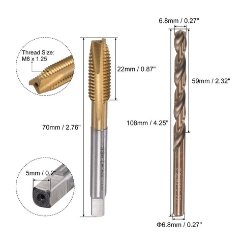 M8 Thread Tap And Six Point Eight Millimeter Drill Bit Set Pro Grade Heavy Duty Titanium Plated Cobalt High Speed Steel