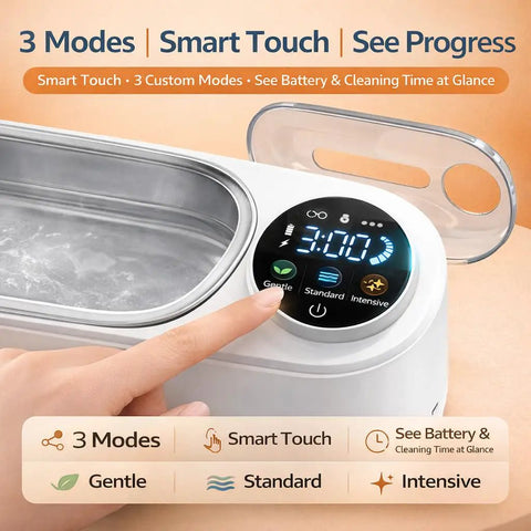 Ultrasonic Jewelry Cleaner Delivers Knockout Deep Clean With 48KHz Waves 440Ml Tank Smart Touch Controls display for cleaning modes.