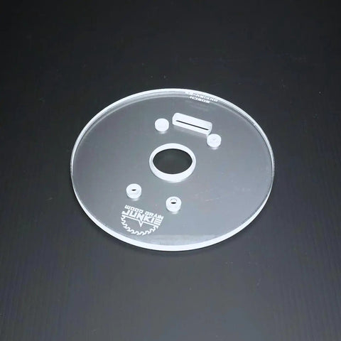 Knockout Router Base Plate Dead Nuts Fits Bosch Colt 18V Power Tool With 6 Inch Round Clear Acrylic with pre drilled holes
