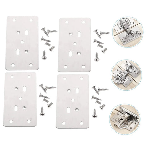 6 Pack Cabinet Hinge Repair Plates Durable Corner Hinge Plates with screws, shown with multiple installation designs for furniture repair