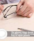 Person using eyewear repair string for glasses nylon thread quick adjustment tool to fix glasses frames on table
