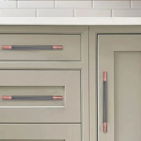 10 Pack 5 Inch Aluminum Knurled Brushed Antique Copper Cabinet Pulls Center To Center 128mm installed on kitchen drawers and cupboards