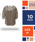 Disposable Lab Jacket Pack Of 10 Coffee Hip Length 30 Inches Long Unisex PPE Coat With Snaps Front Knit Cuffs Collar And Three Pockets Lightweight 50 GSM Workwear.