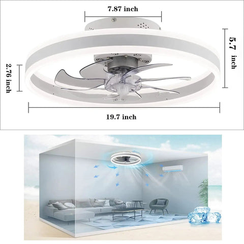 Low Profile Flush Mount Ceiling Fan With Lights 19.7 Inch LED Remote Control 3 Color Lighting And 3 Speed Settings Invisible Blades Enclosed Shell Quiet Operation Sand White dimensions and room setting