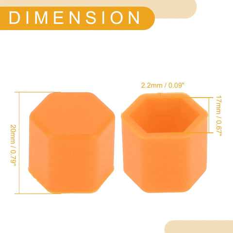 20 Pcs Wheel Lug Nut Caps And Dust Covers Silicone Orange 2.2x17x20mm Protective Screw Caps shown with dimensions.