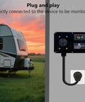 Digital LCD Power Meter For 50 Amp 120V Systems With NEMA 14 50 Connector showing real-time data, connected to an RV at sunset