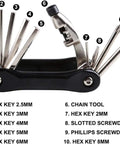 All In One Bike Repair Kit With 210 PSI Mini Pump And 10 In 1 Multi Tool Including Chain Breaker Glueless Patches Tire Levers And Portable Bag For Road Mountain And BMX Bicycles On The Go showing 10-in-1 multi-tool details.