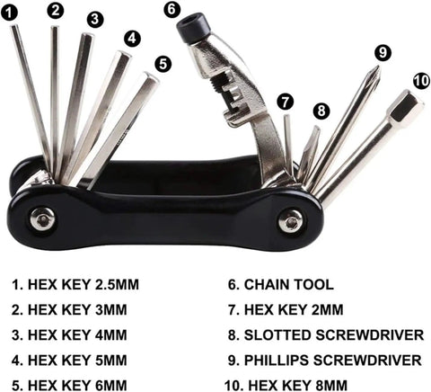 All In One Bike Repair Kit With 210 PSI Mini Pump And 10 In 1 Multi Tool Including Chain Breaker Glueless Patches Tire Levers And Portable Bag For Road Mountain And BMX Bicycles On The Go showing 10-in-1 multi-tool details.