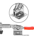Heavy Duty Horizontal Adjustable Toggle Clamp Crafted From Premium 304 Stainless Steel close-up with measurements for woodworking or welding use.