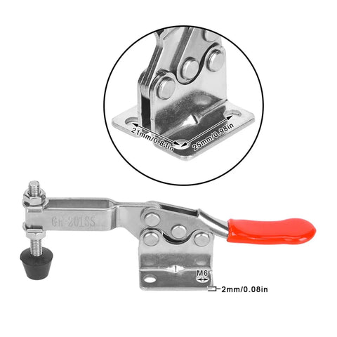 Heavy Duty Horizontal Adjustable Toggle Clamp Crafted From Premium 304 Stainless Steel close-up with measurements for woodworking or welding use.