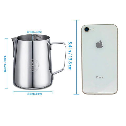 20 Oz Milk Frothing Pitcher Stainless Steel 304 Durable Espresso Steaming Jug For Latte Art Cappuccino Coffee Home Barista Use Easy Pouring Easy Clean next to smartphone for size comparison