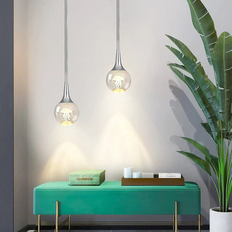Mini Pendant Light With Dope Teardrop Crystal Jellyfish Pattern, Chrome Finish, 5W Globe LED Hanging Light over green bench