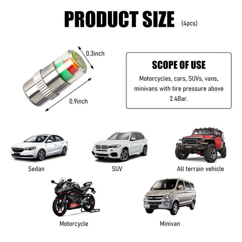 Four Pack Tire Pressure Monitor Valve Stem Caps With Three Color Eye Alert Reads 2.4 Bar 36 PSI for various vehicles